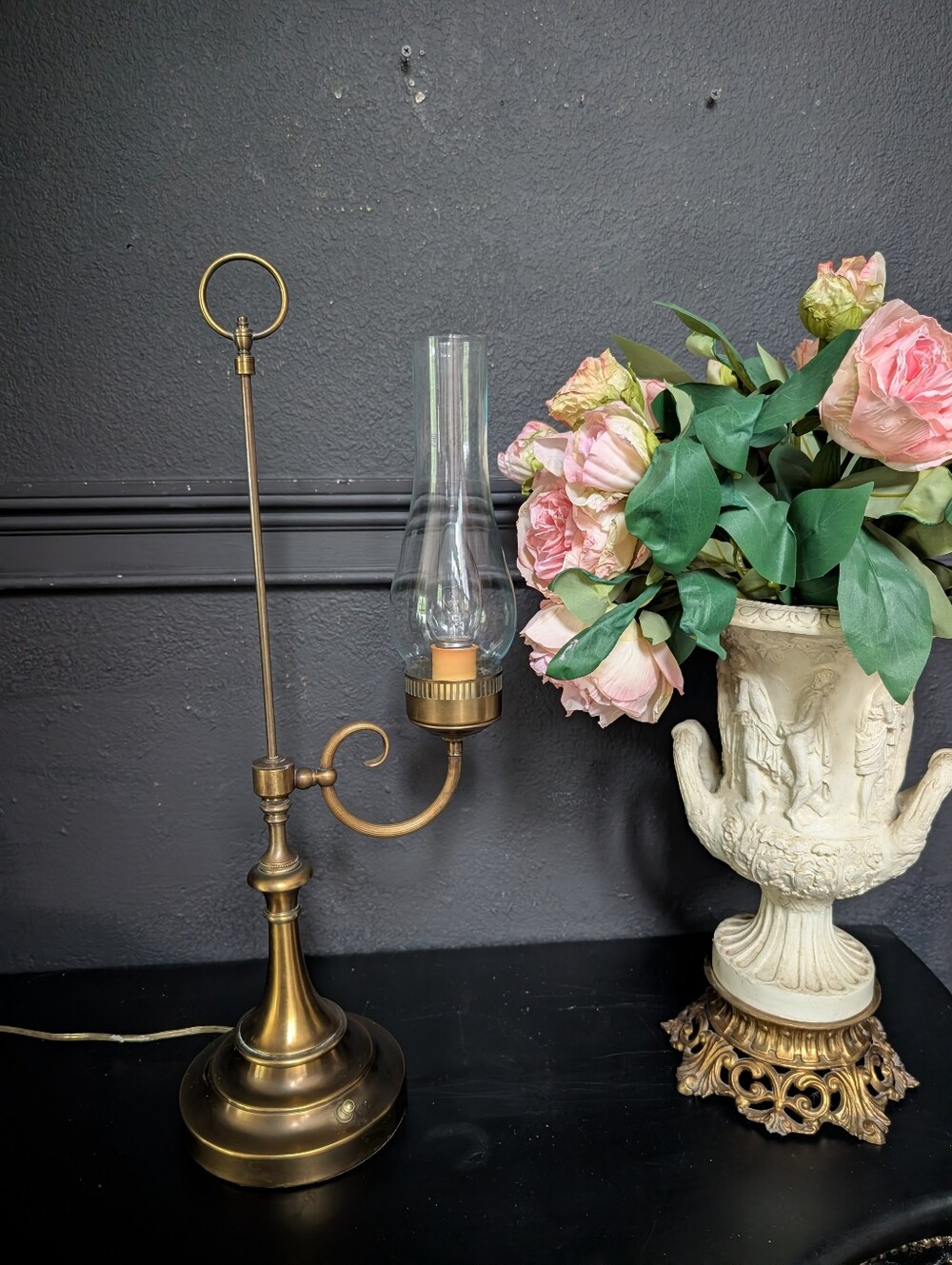 Vintage Brass Student Lamp Adjustable Swing Arm Desk Light Glass Chimney Lamp